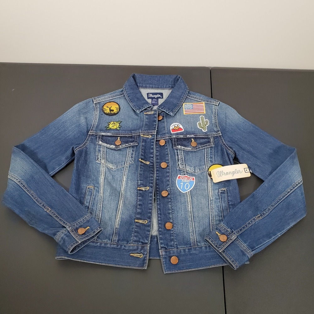 Wrangler Denim Jean Jacket With Travel Patches Small NWT Blue‎ Womens